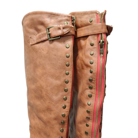 Bamboo Montage 10 Womens Boots Brown Knee High Faux Leather Buckle Stud Lined - Picture 5 of 15